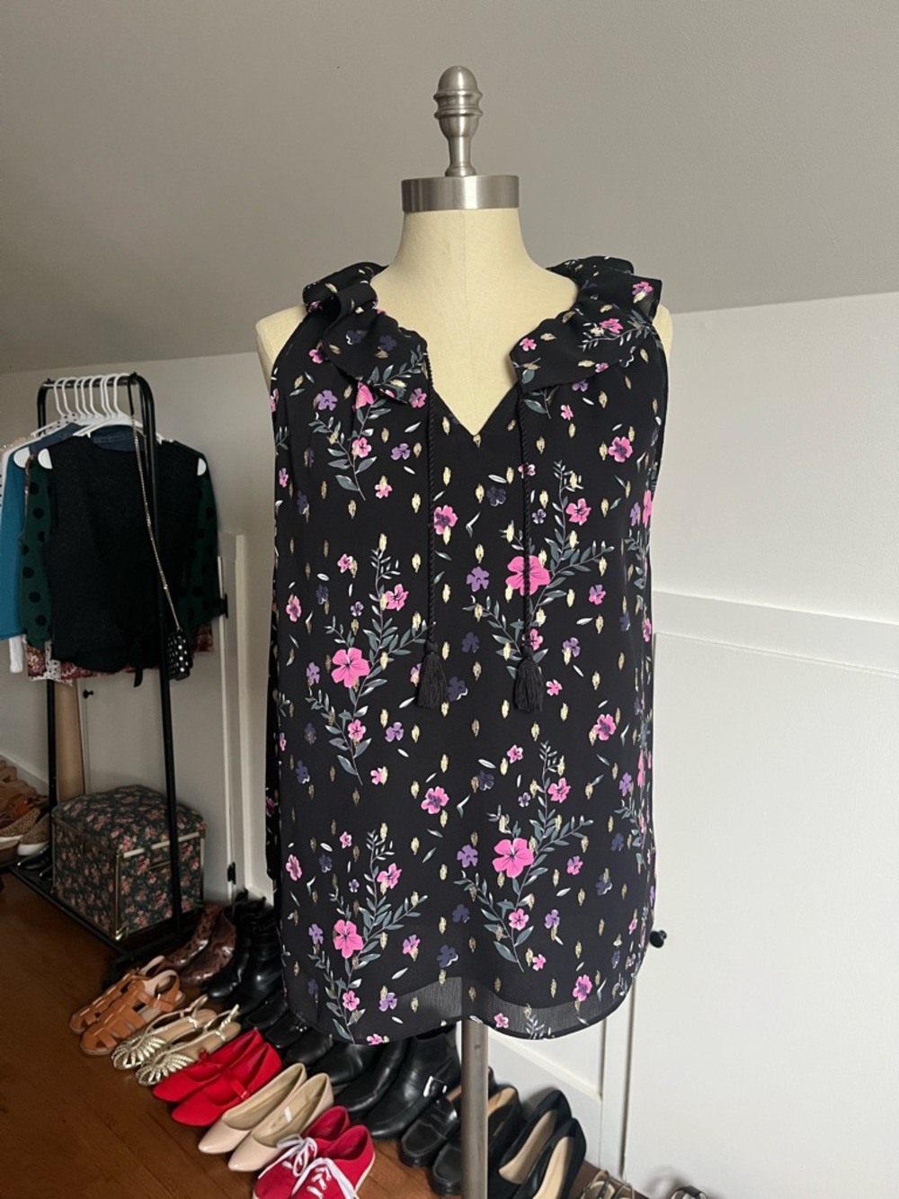 Juicy Couture Black Floral Ruffle Blouse with tassels